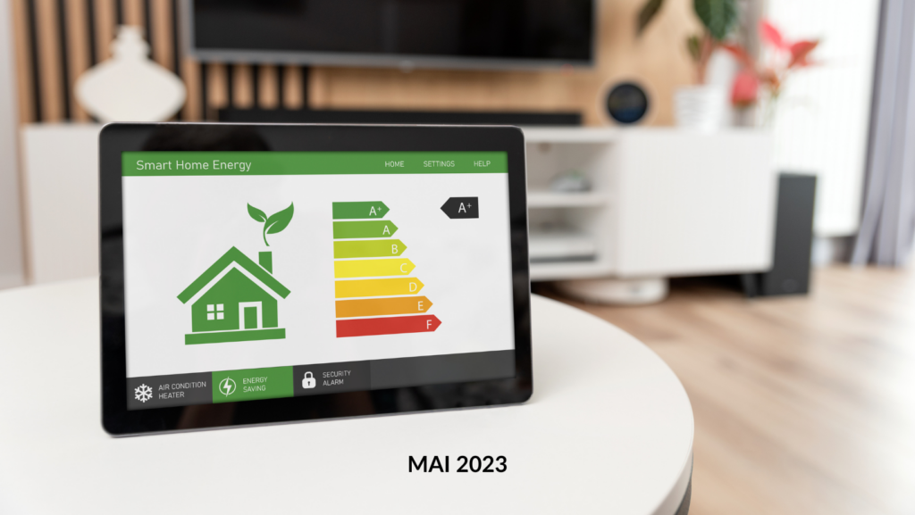 Ein Tablet mit einer Smart-Home-Energieanwendung mit Energieeffizienzbewertungen auf einem Tisch in einem modernen Wohnzimmer (Stand: Mai 2023) beeinflusst den Immobilienwert.