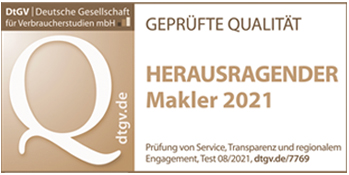 Logo der dtgv (deutsche gesellschaft für verbraucherstudien) mit Text „herausragender makler 2021“ und Validierungsdetails.