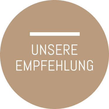 Runder beigefarbener Button mit dem Text „unsere empfehlung“ in Weiß, zentriert und unterstrichen, perfekt als Dekoration für Ihr Zuhause.