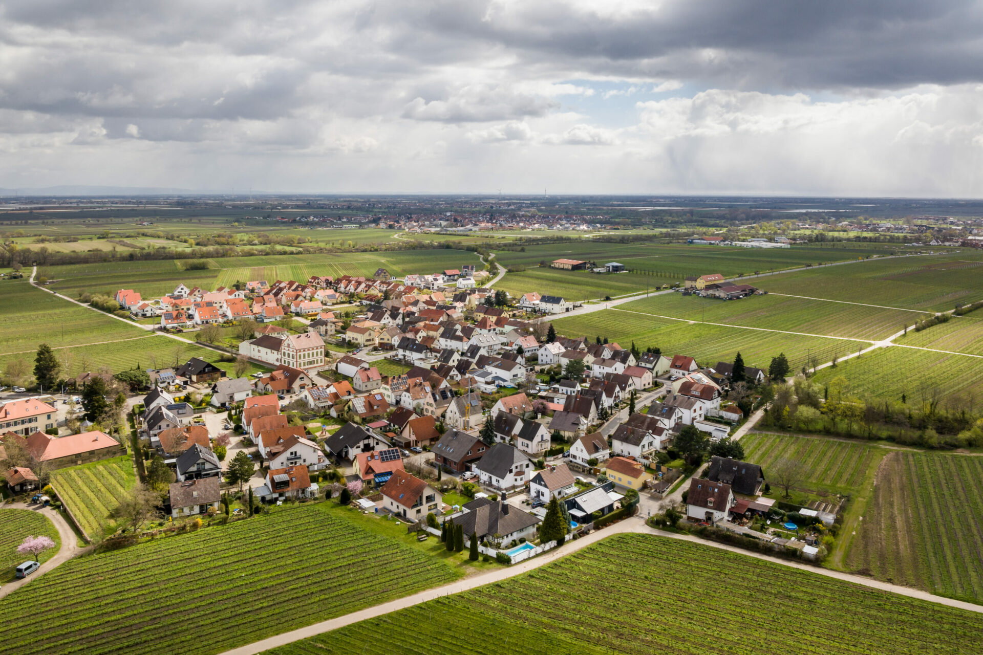 Luftaufnahme eines malerischen Dorfes in Forst an der Weinstraße, umgeben von üppigem Ackerland und Weinbergen, unter einem teilweise bewölkten Himmel.