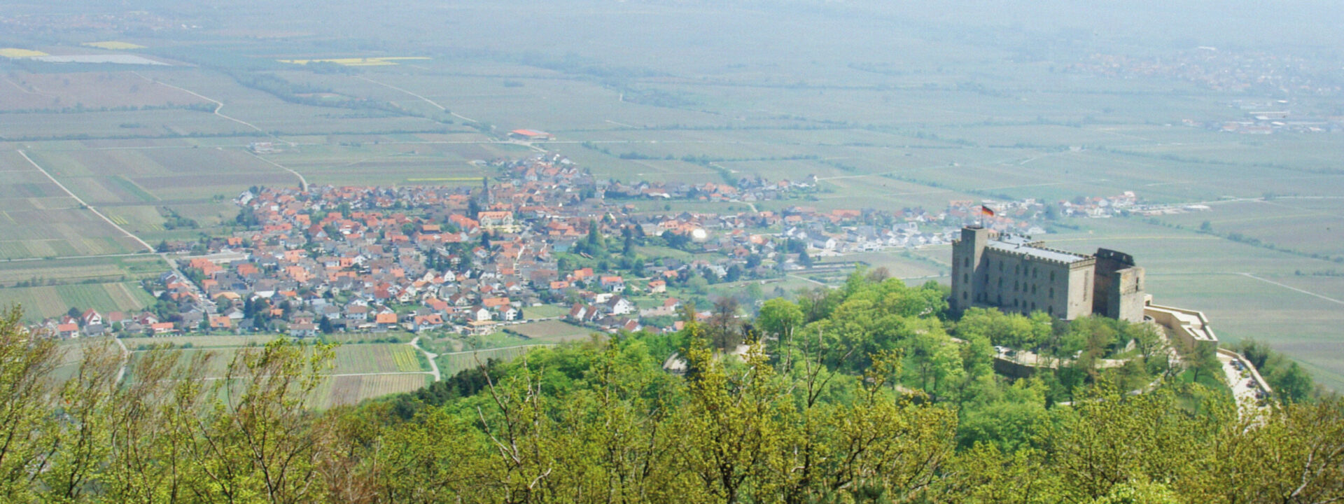 Luftaufnahme von Diedesfeld mit einem großen Schloss auf der rechten Seite, umgeben von üppigem Grün und weitläufigen Feldern.