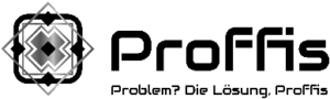 Logo mit dem Wort „proffs“ in fetter, schwarzer Schrift, mit einem stilisierten, geometrischen Blumenmotiv auf der linken Seite und dem Slogan „Teamproblem? die Lösung, pro