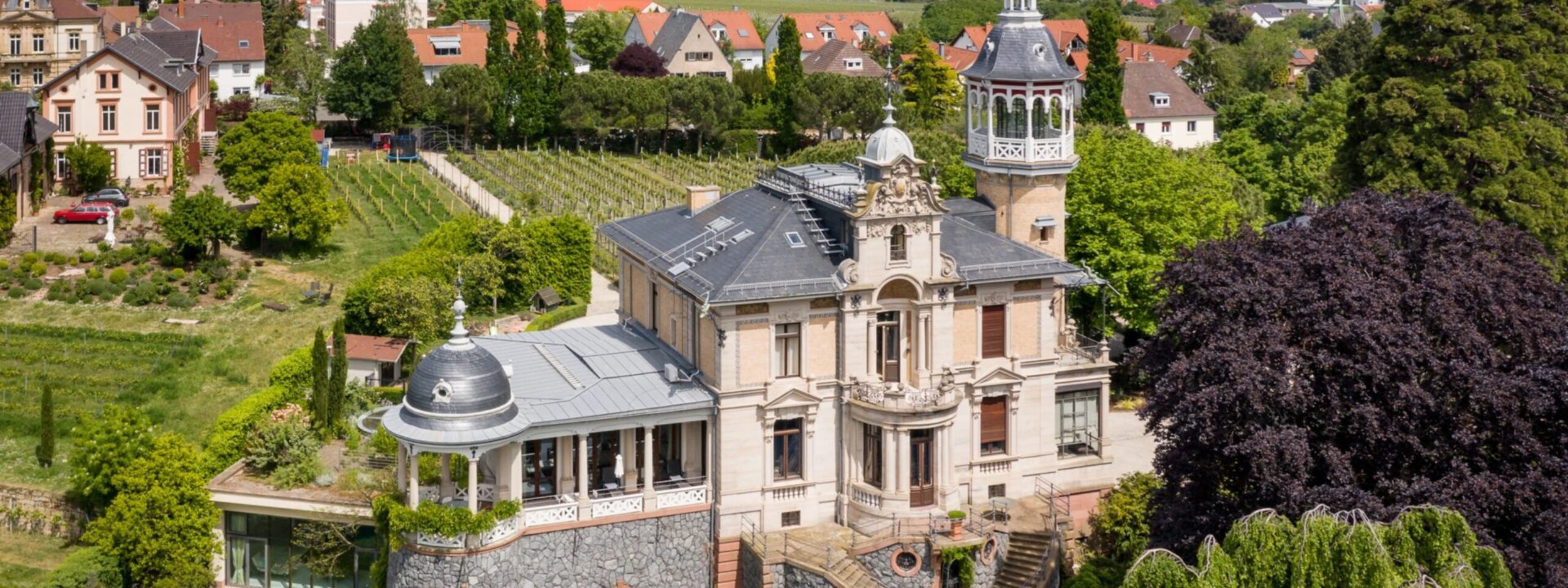 Luftaufnahme eines reich verzierten Herrenhauses, umgeben von üppigem Grün und einem kleinen Weinberg, in einem Wohngebiet gelegen.